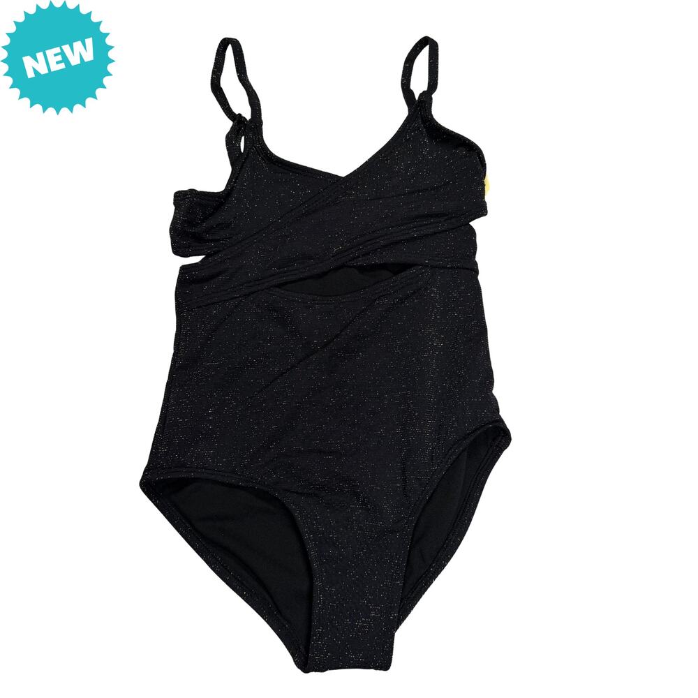 Art Class Swimsuit Girls Size Small 6/7 Black w/Gold Shimmer One Piece Cut Out